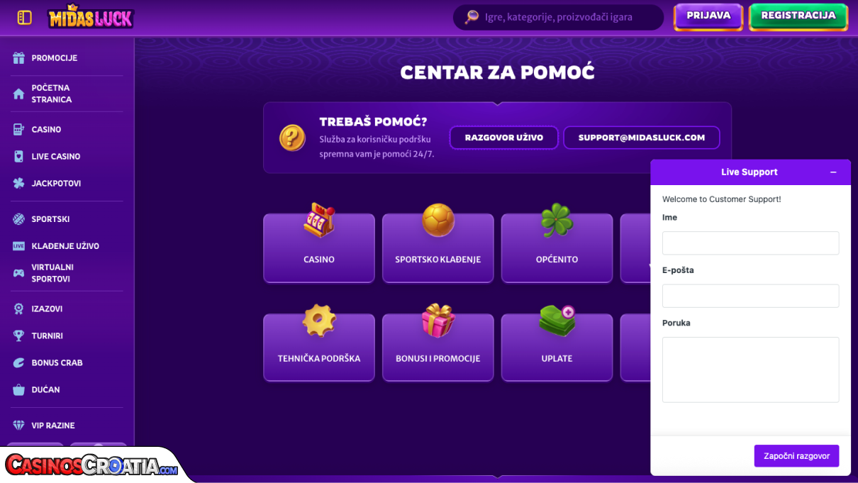 Korisnička podrška MidasLuck Casina