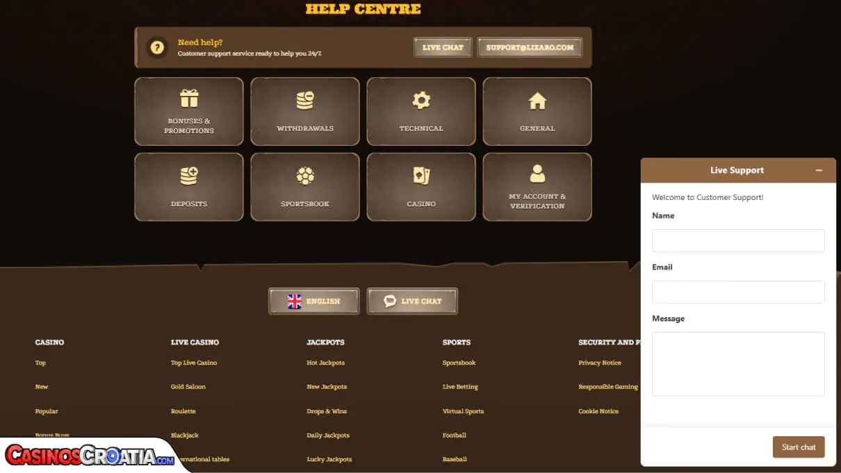 Lizaro Kasino – Korisnička Podrška